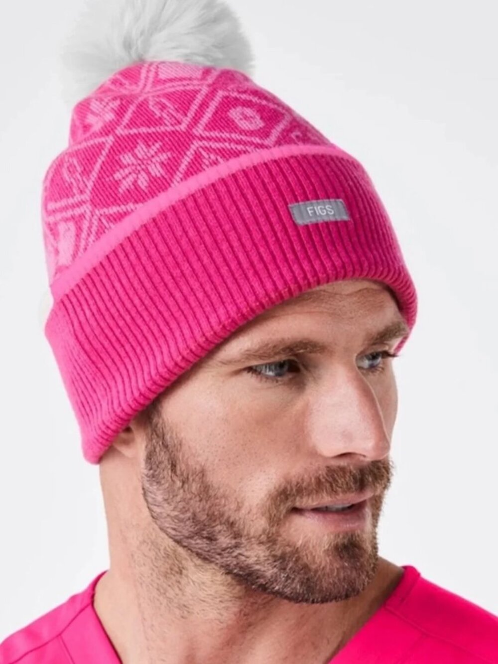 FIGS Pink Merino Wool Pom Pom Beanie Unisex Medical Icon Knit Hat - Picture 2 of 5